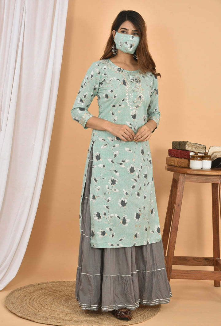 Grey Floral Printed Kurta Sharara Set (pack of 2) - Kaajh - #tag4#