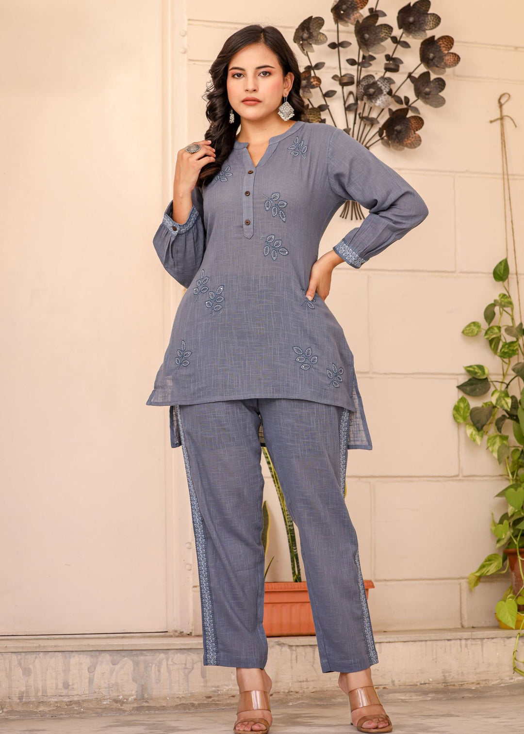 Grey Thread Embroidered Cotton Co-Ord Set (Set of 2) - Kaajh - #tag4#