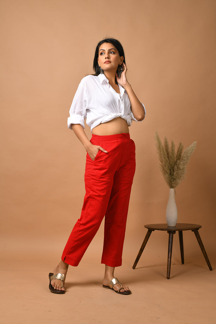 Red Solid Cotton Pant