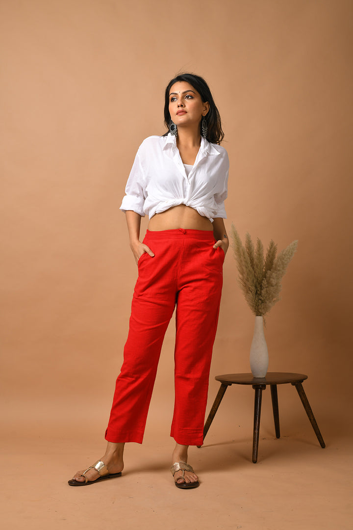 Red Solid Cotton Pant