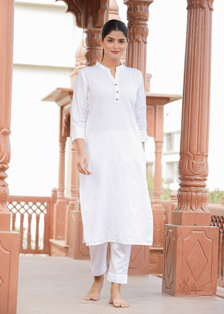 White Solid Cotton Casual Kurta Pant Set (pack of 2)