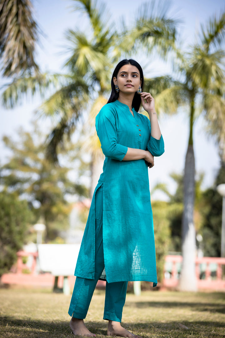 Teal Green Solid Cotton Kurta Pant Set (set of 2)