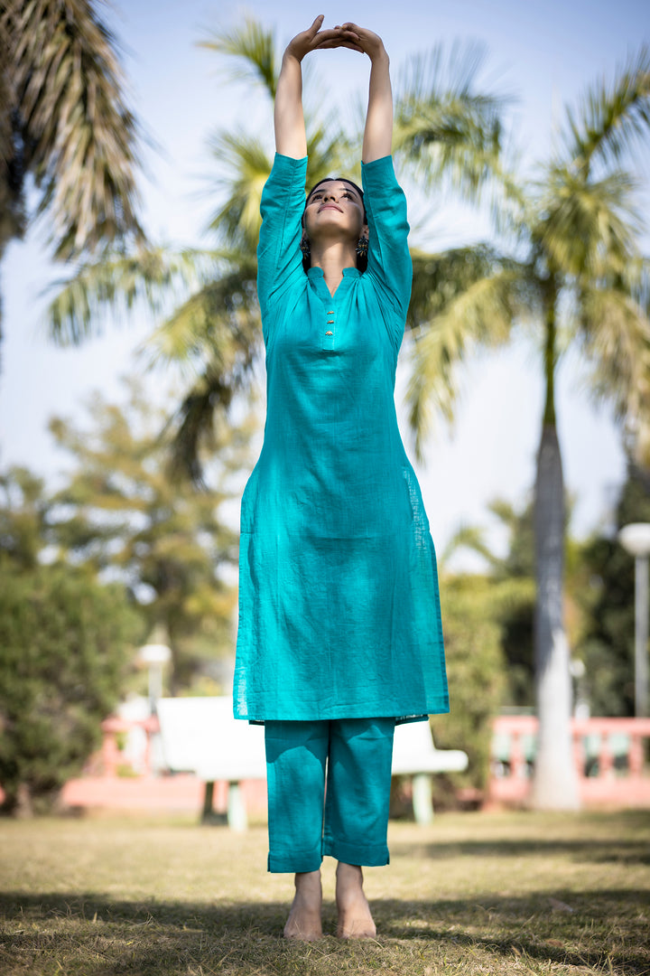 Teal Green Solid Cotton Kurta Pant Set (set of 2)