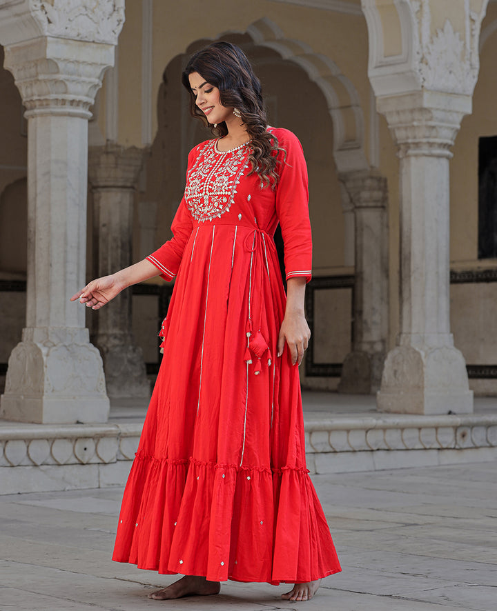 Elegant Red Mirror Embellished Cotton Gown (Pack of 1)