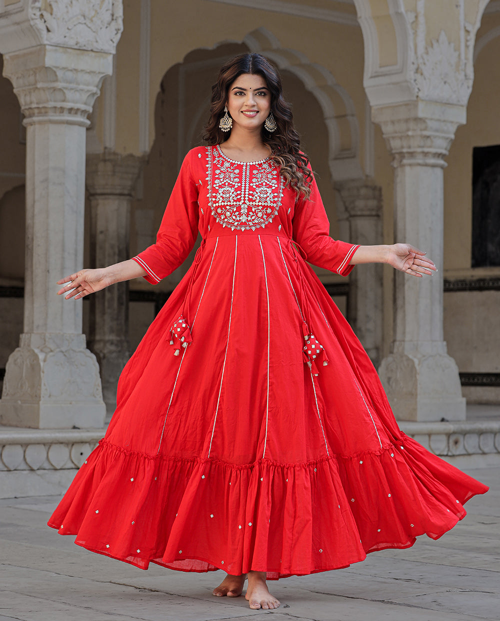 Elegant Red Mirror Embellished Cotton Gown (Pack of 1)