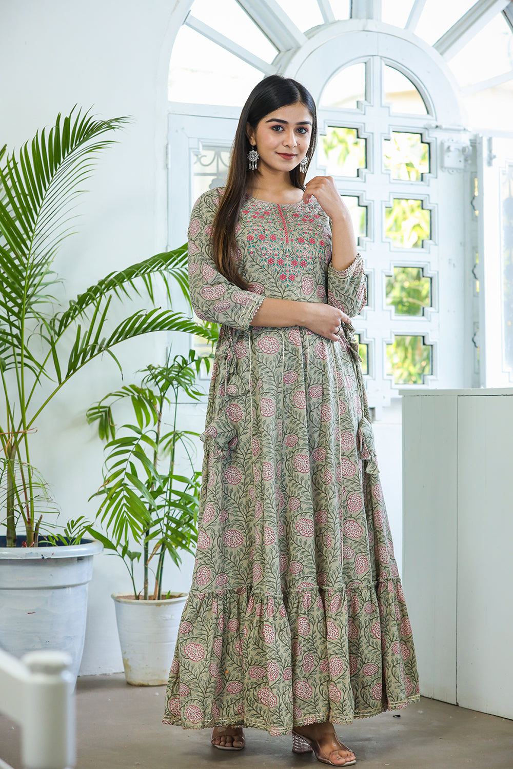 Buy Green Handblock Printed Ethnic Gown for Women Online in India at best price