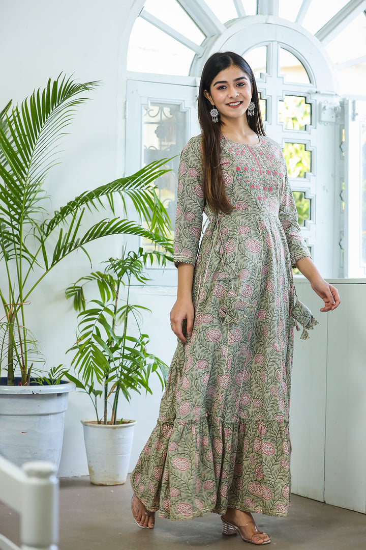 Buy Green Handblock Printed Ethnic Gown for Women Online in India at best price
