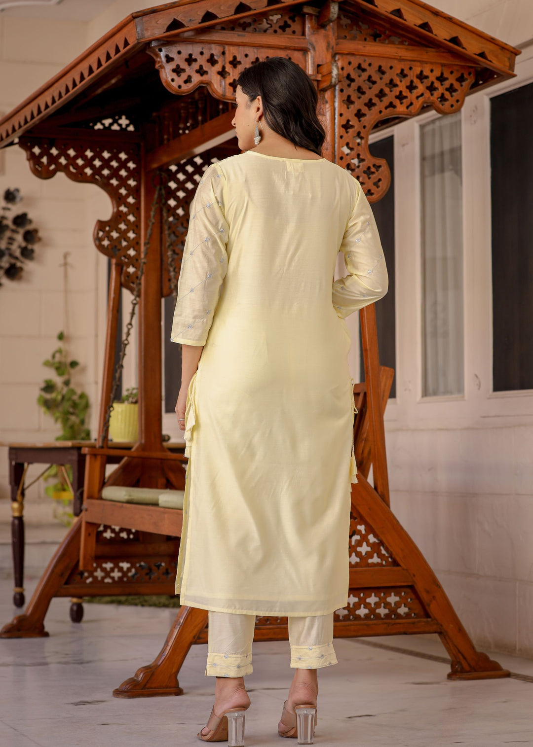 Light Yellow Modal Silk Kurta Pant Set With Dupatta
