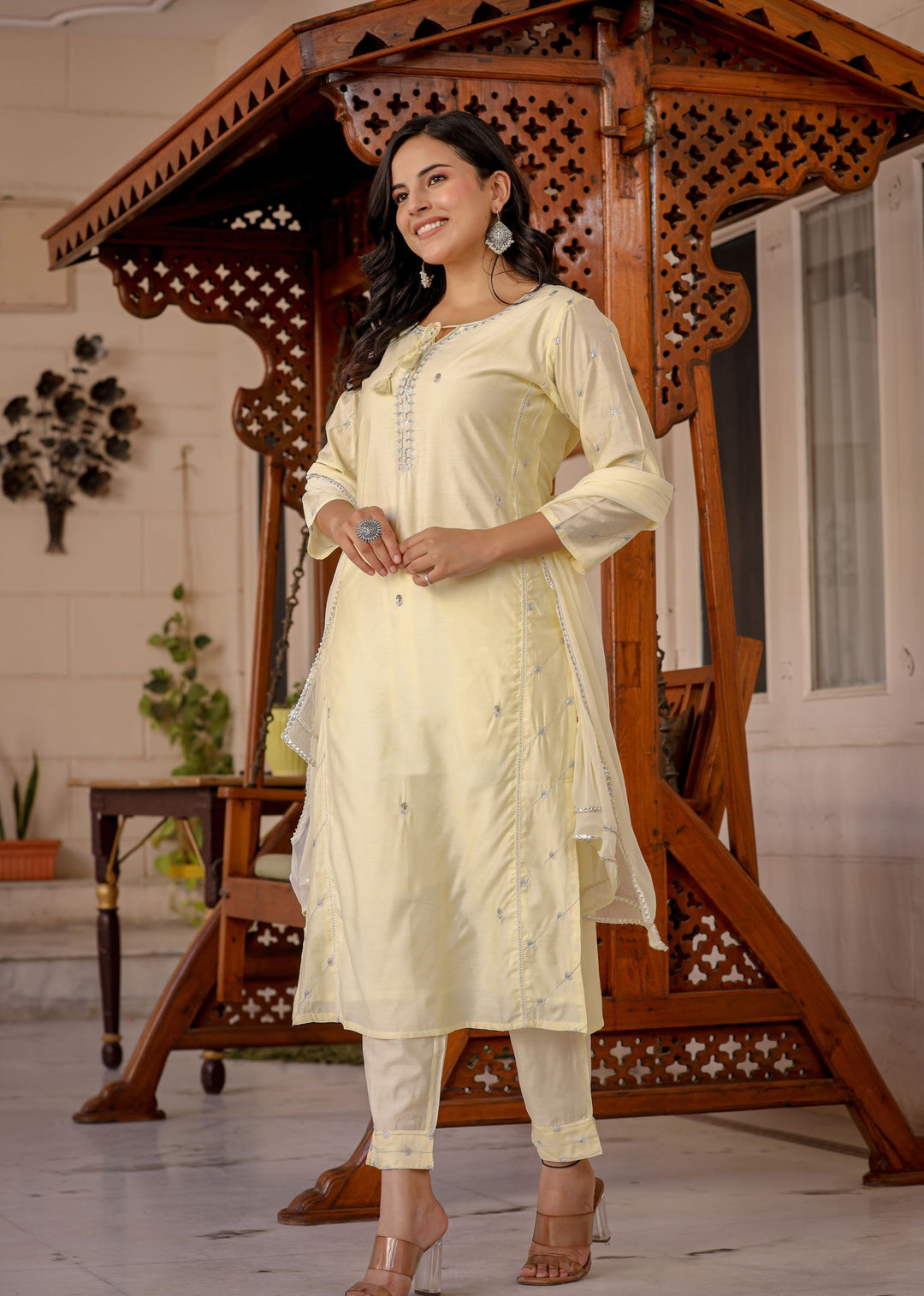 Light Yellow Modal Silk Kurta Pant Set With Dupatta (pack of 3)
