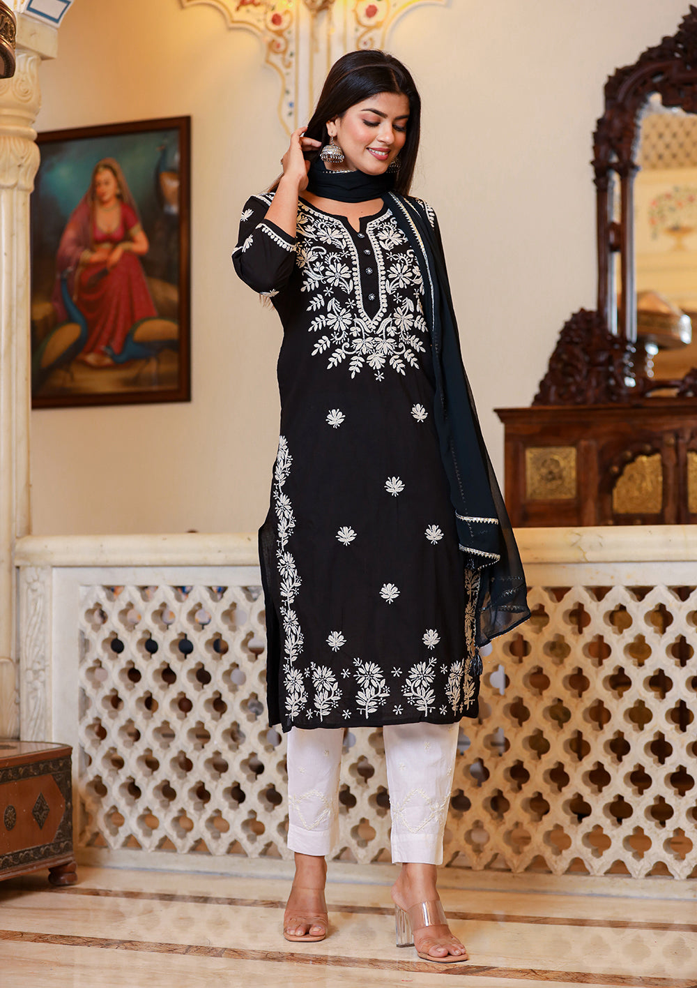 Buy Red Chikankari Embroidered Kurta with Pants Online at Inddus.com |  Kurta with pants, Beautiful outfits, Partywear
