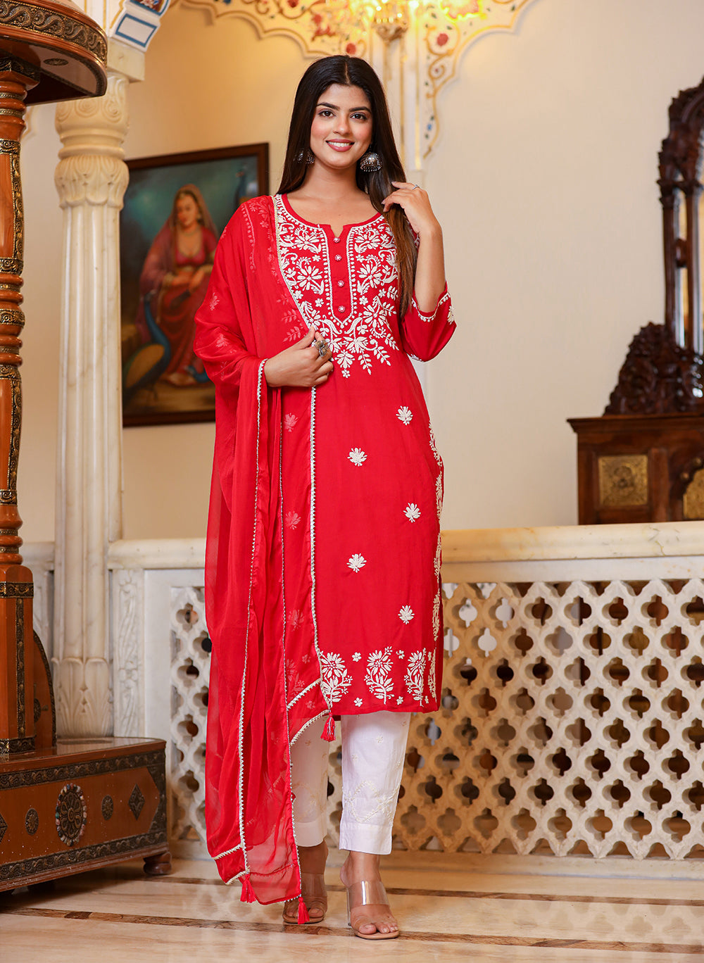 Buy Lucknowi  Red Chikankari Set Online for Women