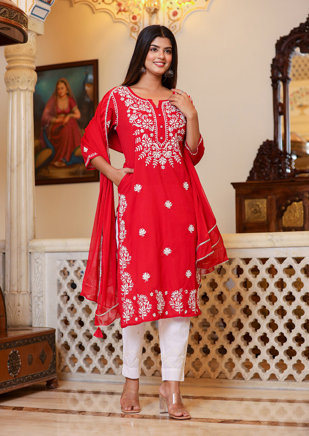 Buy Lucknowi  Red Chikankari Set Online for Women