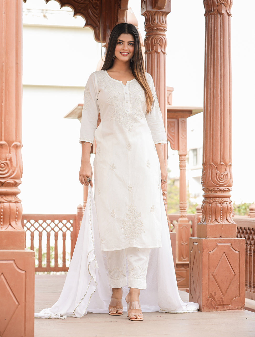 White Chikankari Cotton Slit Angarkha Ethnic Wear Chikankari Dress | eBay