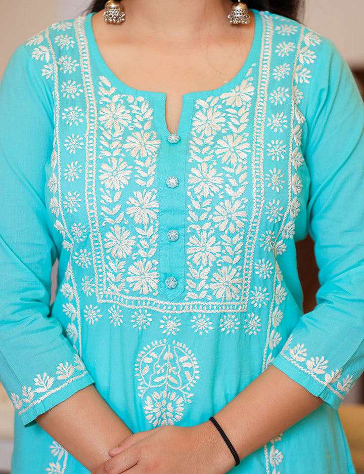 Turquoise Chikankari Suit Set Online In India