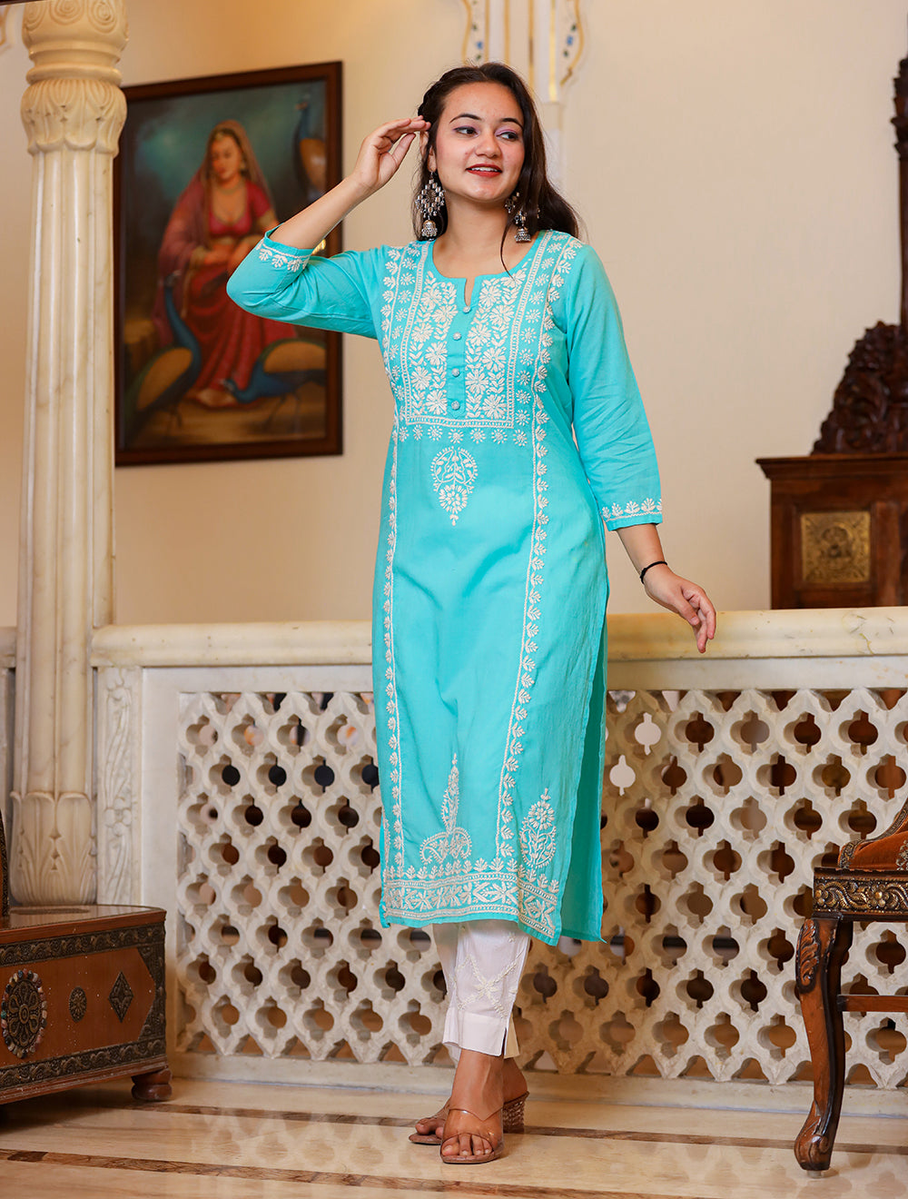 Turquoise Hand Embroidery Chikankari Suit Set For Women