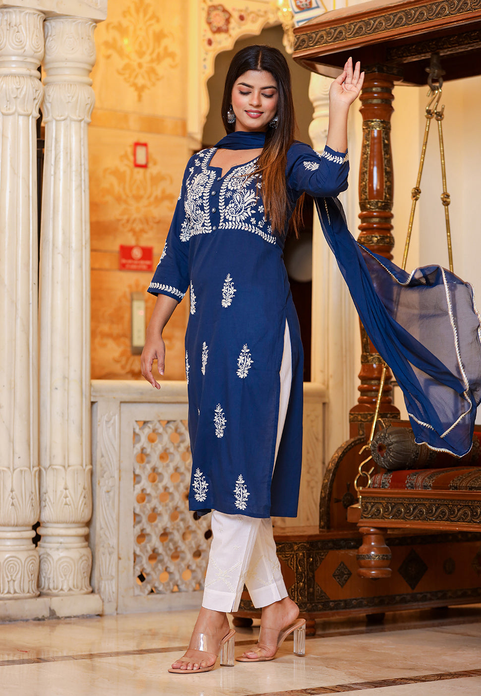 Buy Navy Blue Lucknow Chikankari Suit Set For Women