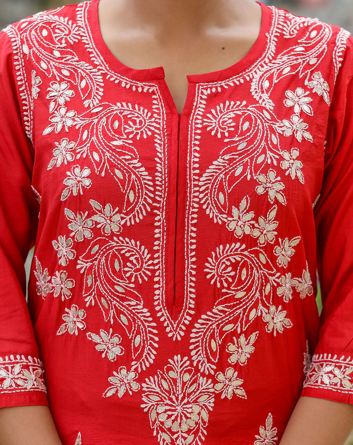 Buy Red Cotton Chikankari Kurta Set for Women