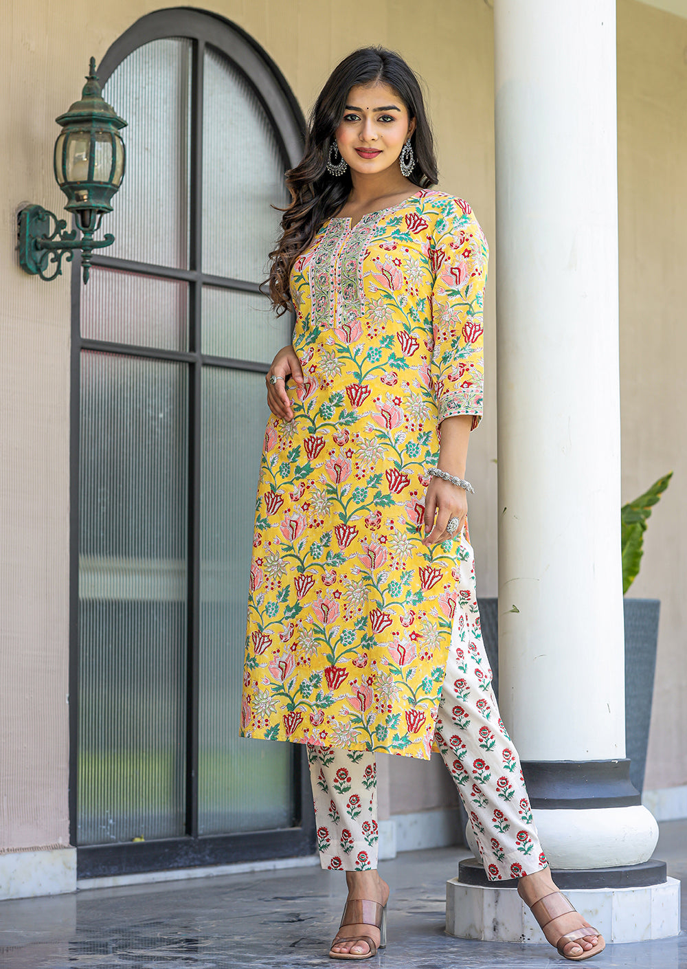 Yellow Floral Printed Suit Set For Women