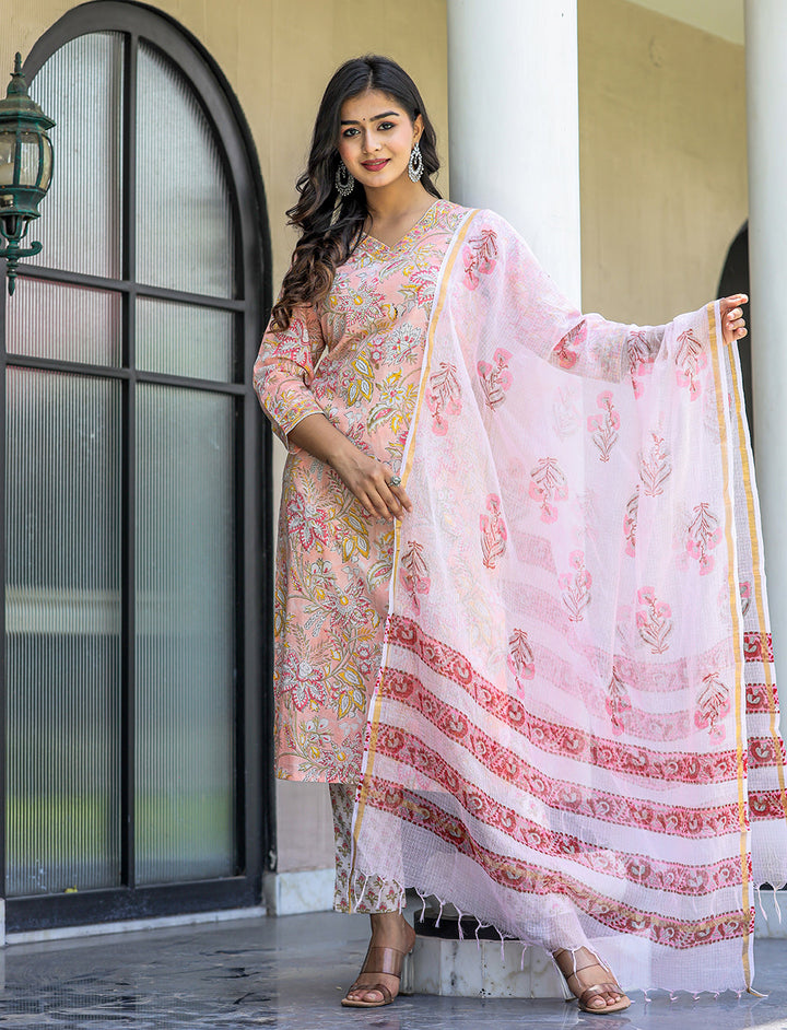 Pink Hand Block Printed Cotton Suit Set For Women