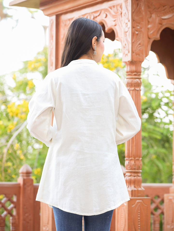 Pastel White Cotton Tunic Top With Pearl Work (pack of 1)
