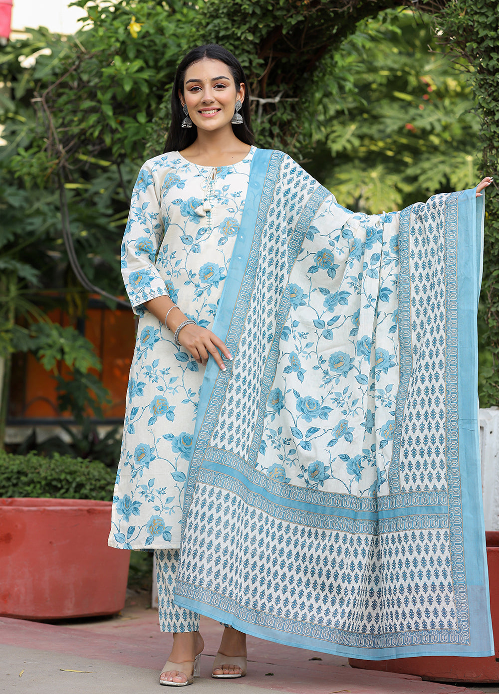 Sky Blue Floral Print Cotton Kurta Pant Set With Dupatta (Set of 3)