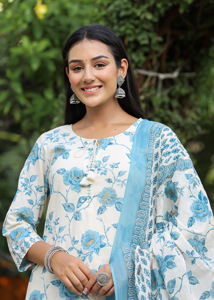 Sky Blue Floral Print Cotton Kurta Pant Set With Dupatta (Set of 3)