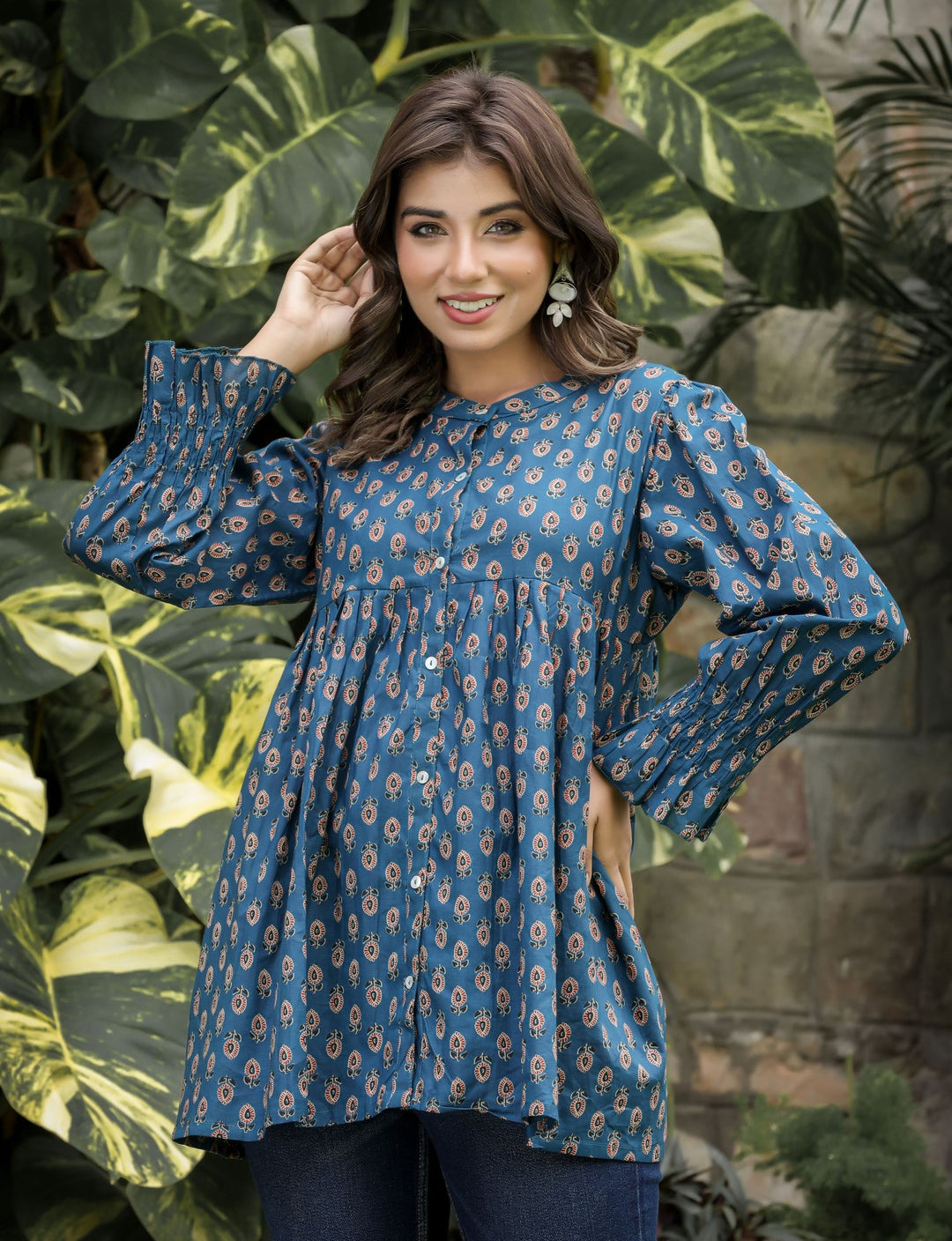 Buy Blue Floral Cotton tunic for women |  Best Designer Short Kurti Top