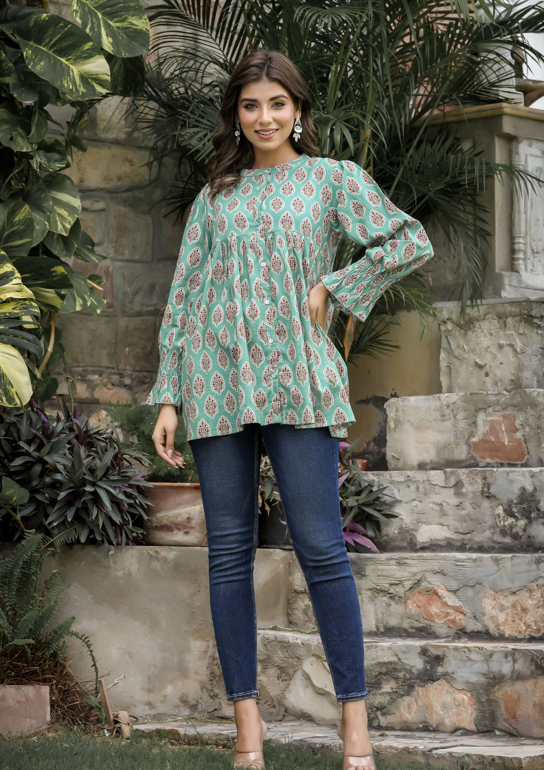 Buy Turquoise Floral Cotton tunic for women |  Best Designer Short Kurti Top