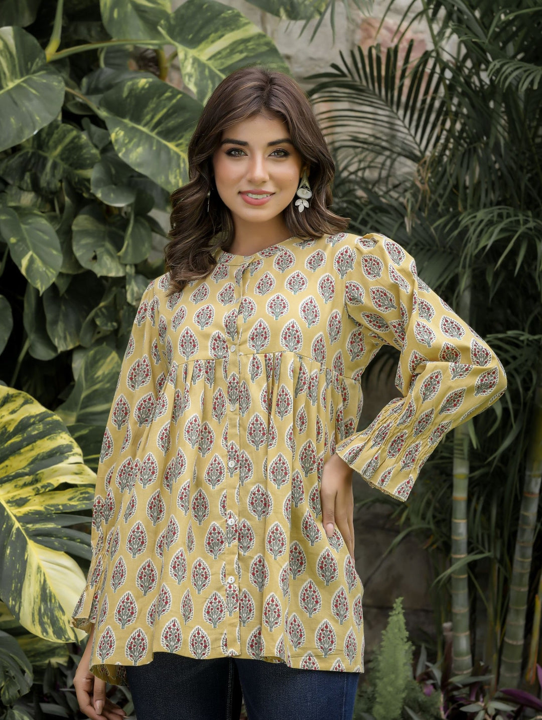 Buy Yellow Floral Printed Cotton Tunic | Best Ethnic Top For Women | Kaajh