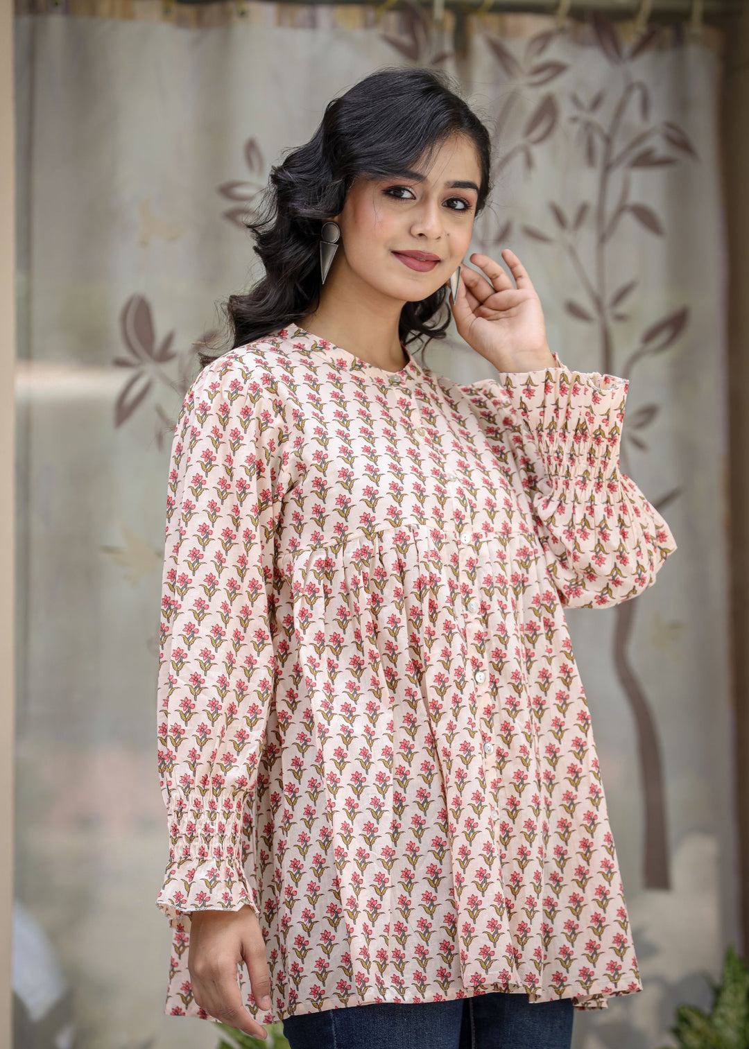 Buy Pink Floral Cotton tunic for women |  Best Designer Short Kurti Top