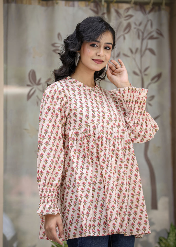 Buy Pink Floral Cotton tunic for women |  Best Designer Short Kurti Top