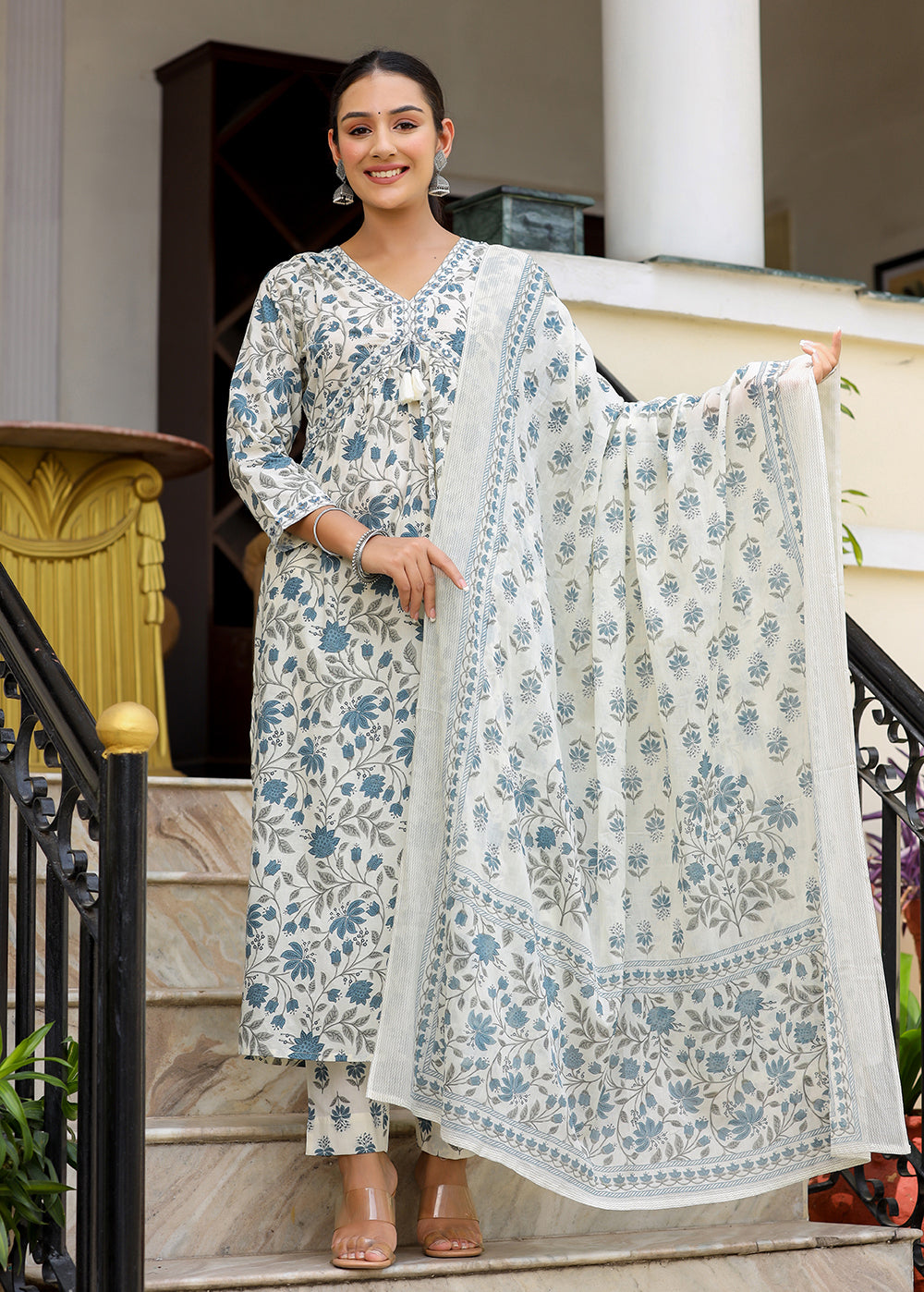 White Floral Printed Aaliya Cut Kurta Pant And Dupatta Set (Set of 3)