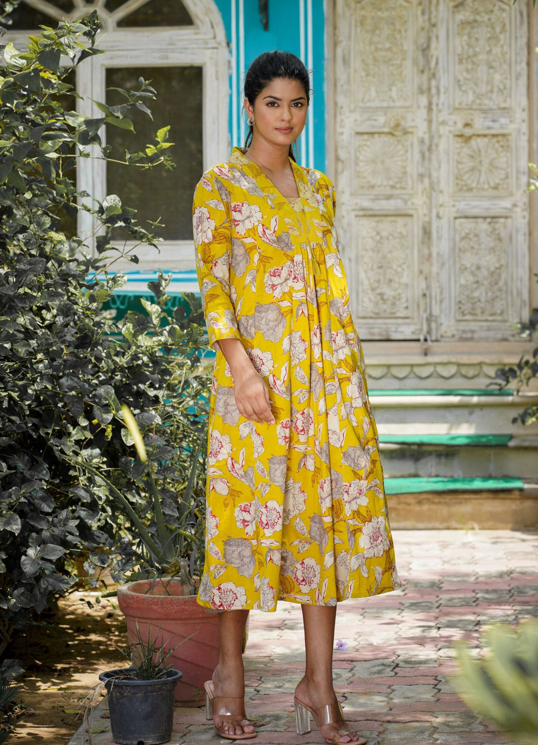 Yellow Floral Printed Cotton Dress (Set Of 1)