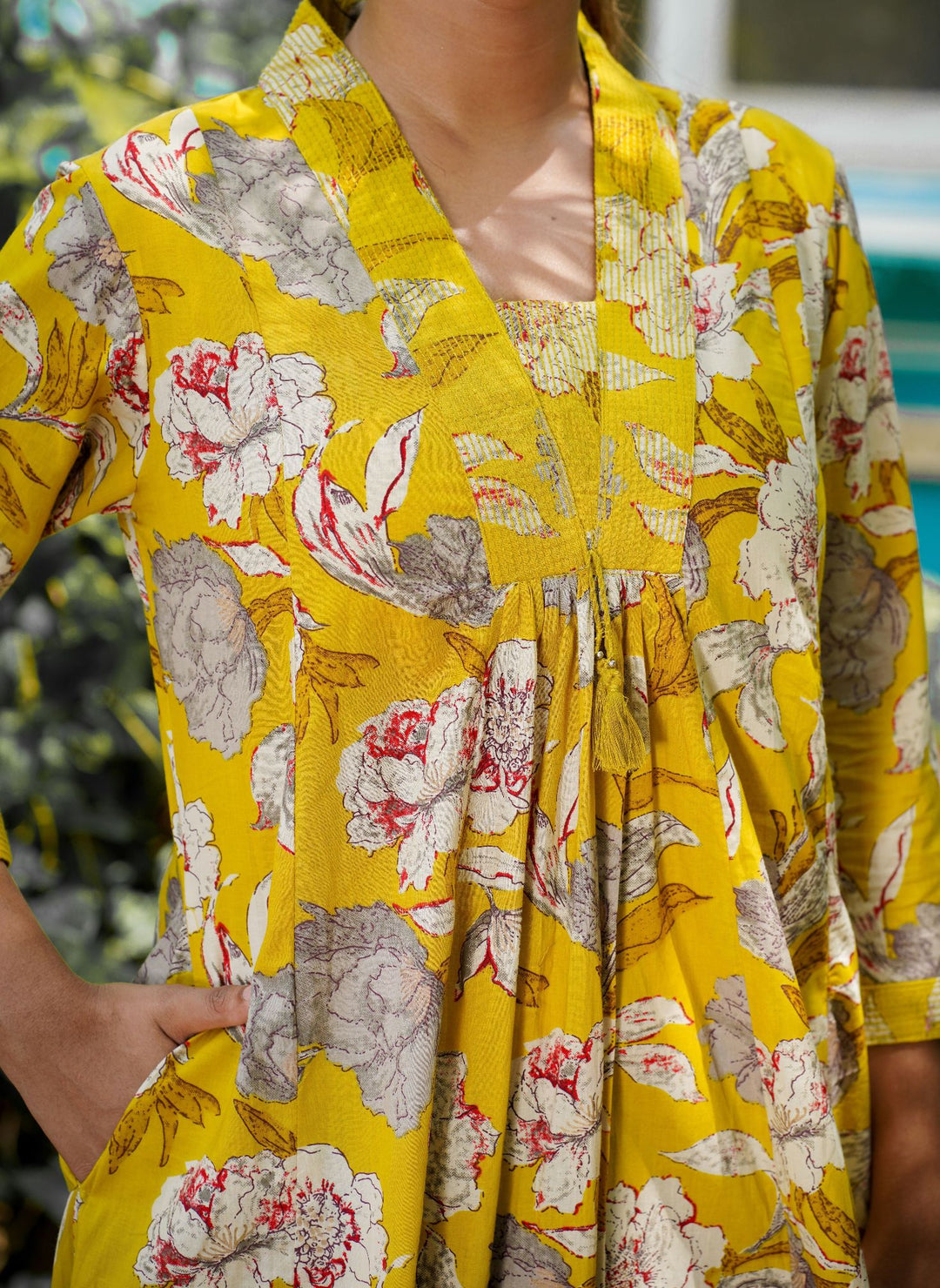 Yellow Floral Printed Cotton Dress (Set Of 1)