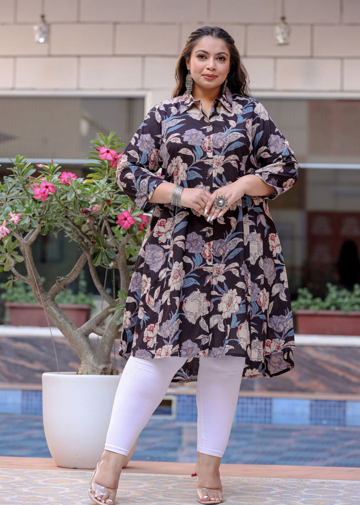 Buy Black Floral Cotton Short Kurti for Women | Best Formal Full Sleeve Kurta