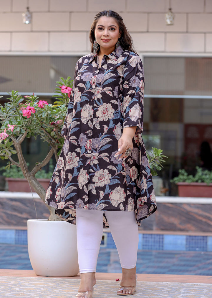 Buy Black Floral Cotton Short Kurti for Women | Best Formal Full Sleeve Kurta