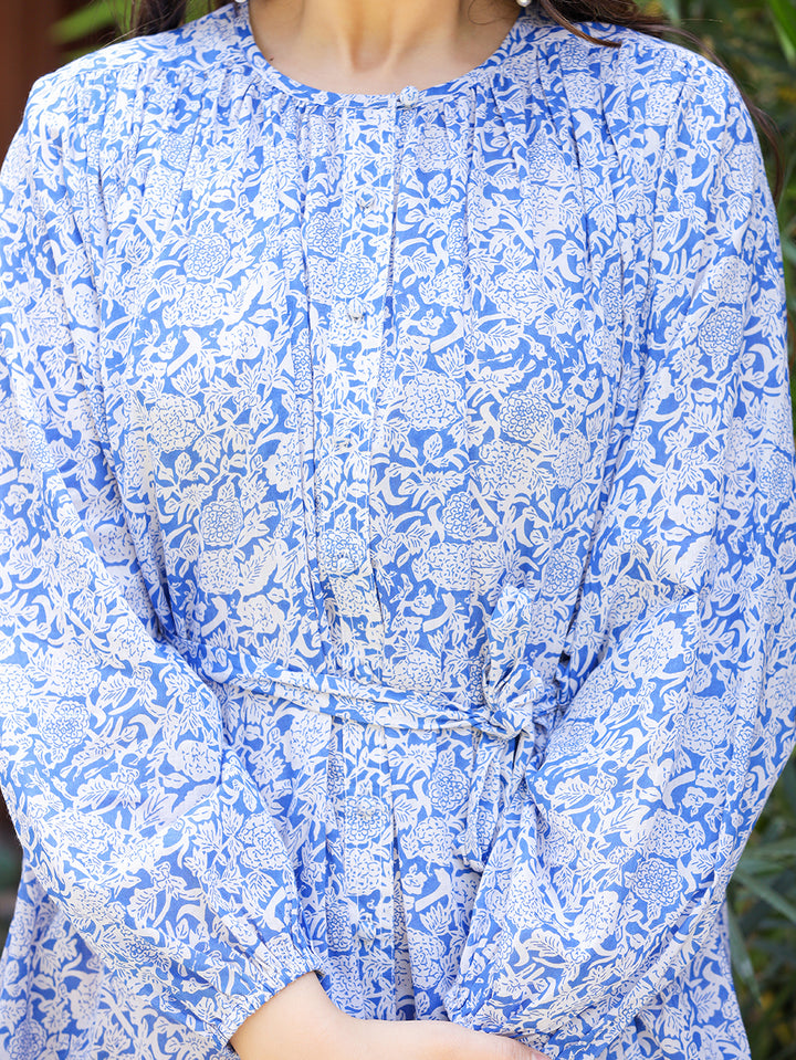 Blue Floral Printed Cotton Dress (set of 1)