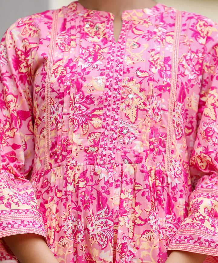 Pink Floral Print Cotton Kurta Set (Set of 2)