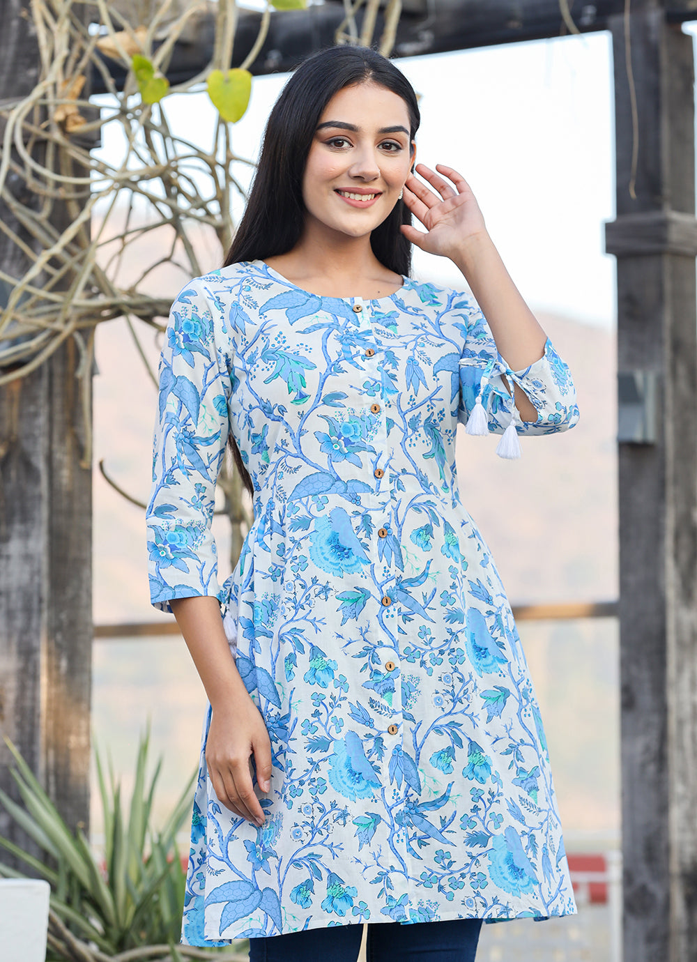 Sky Blue Floral Cotton tunic for women