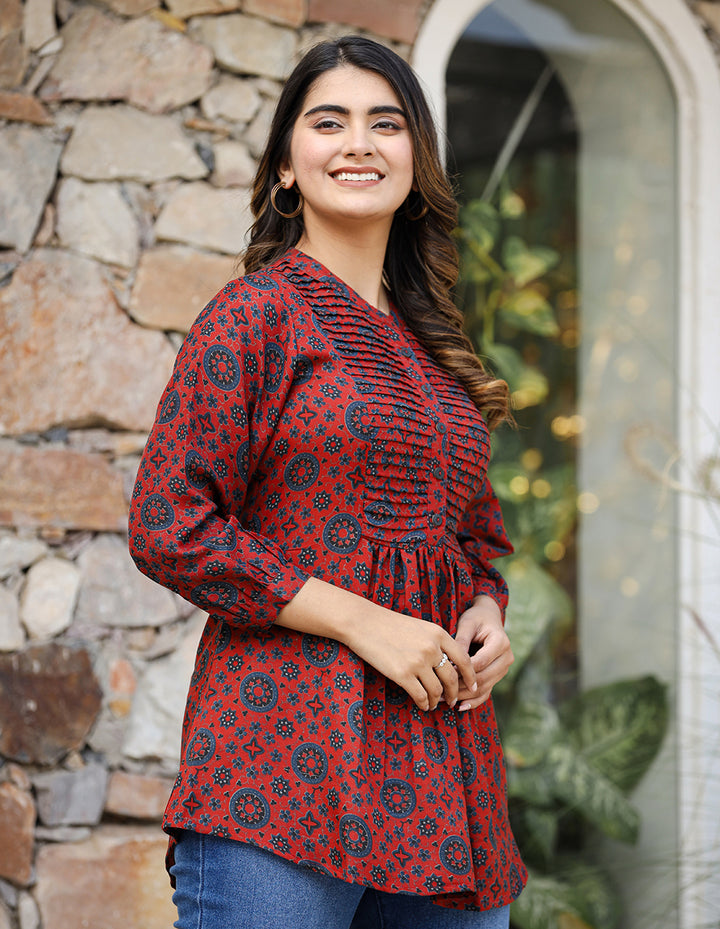 Buy Marron Floral Cotton tunic for women | Best Designer Short Kurti Top