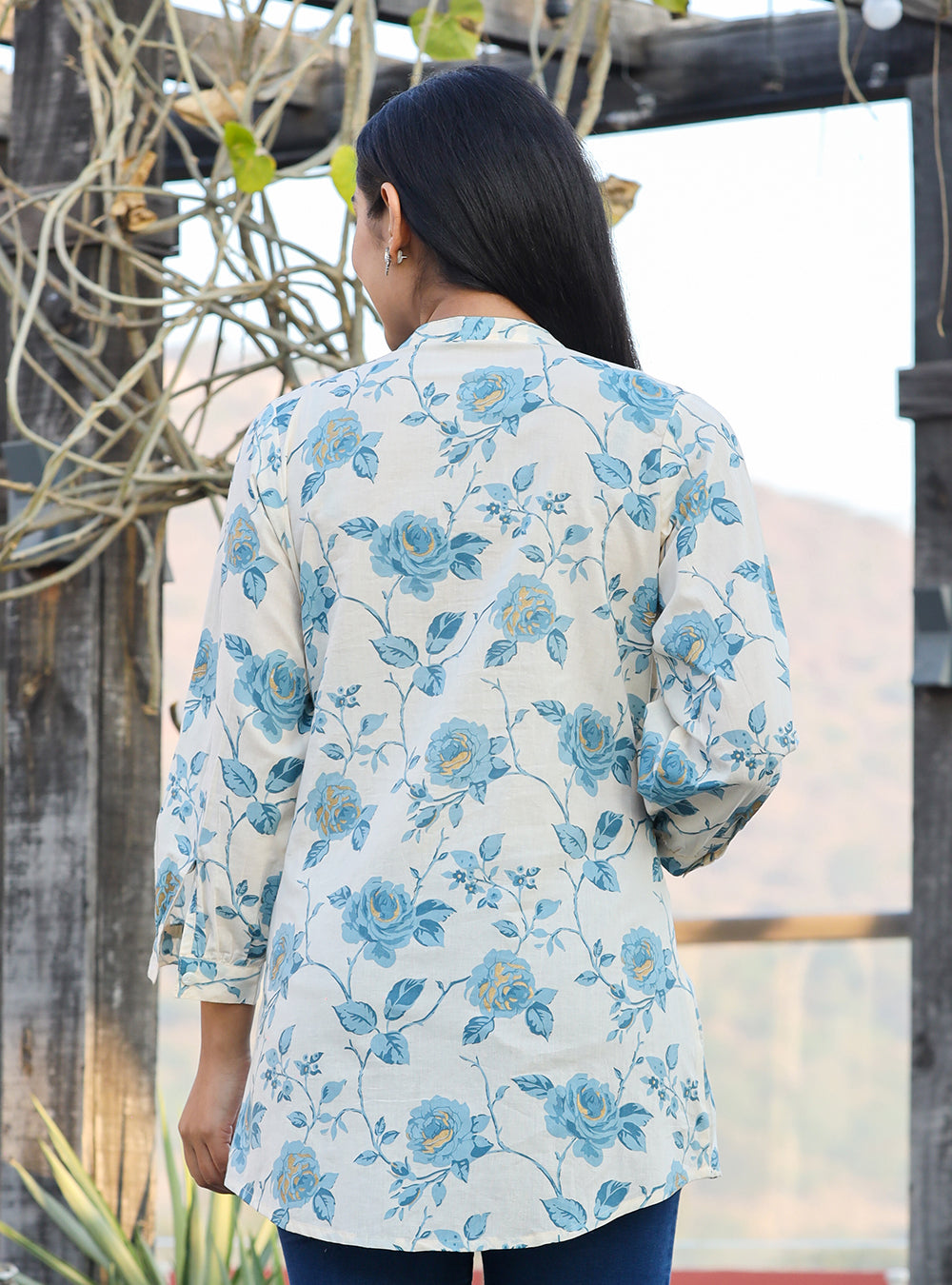  Blue Printed Cotton Tunic Top for Women