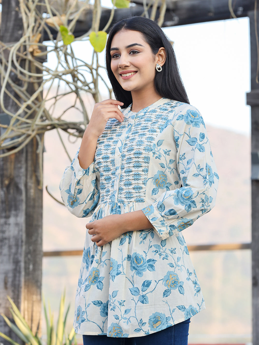  Blue Printed Cotton Tunic Top for Women