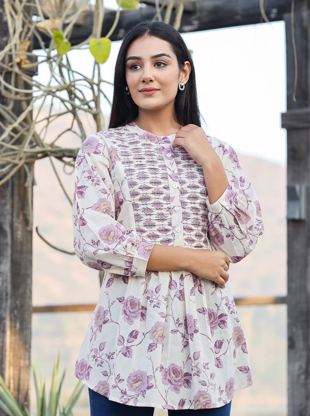 Purple Printed Cotton Tunic Top for Women