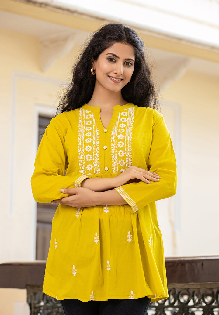 Yellow Embroidery Cotton Chikankari Short Kurtis (Set Of 1)