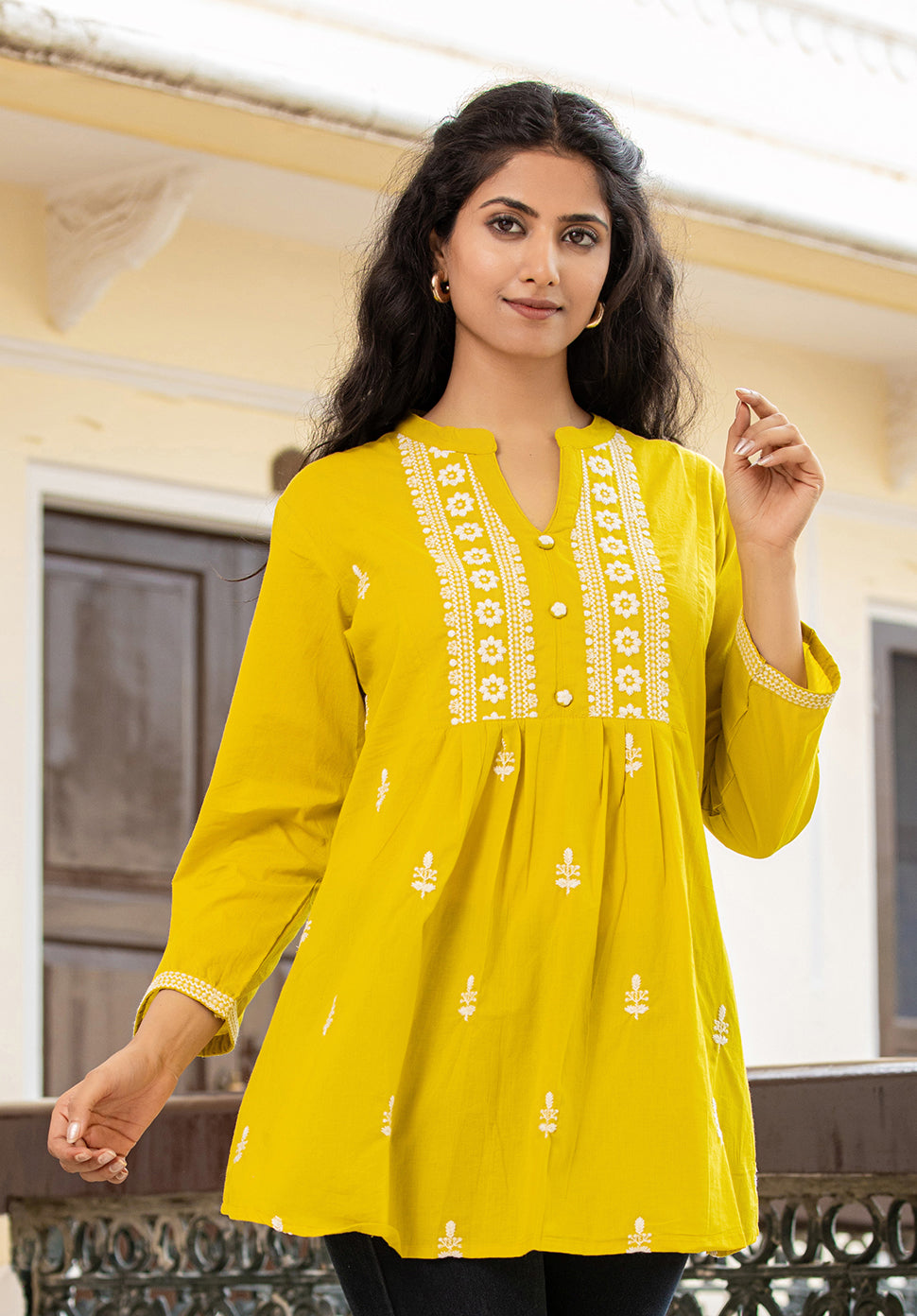 Yellow Embroidery Cotton Chikankari Short Kurtis (Set Of 1)