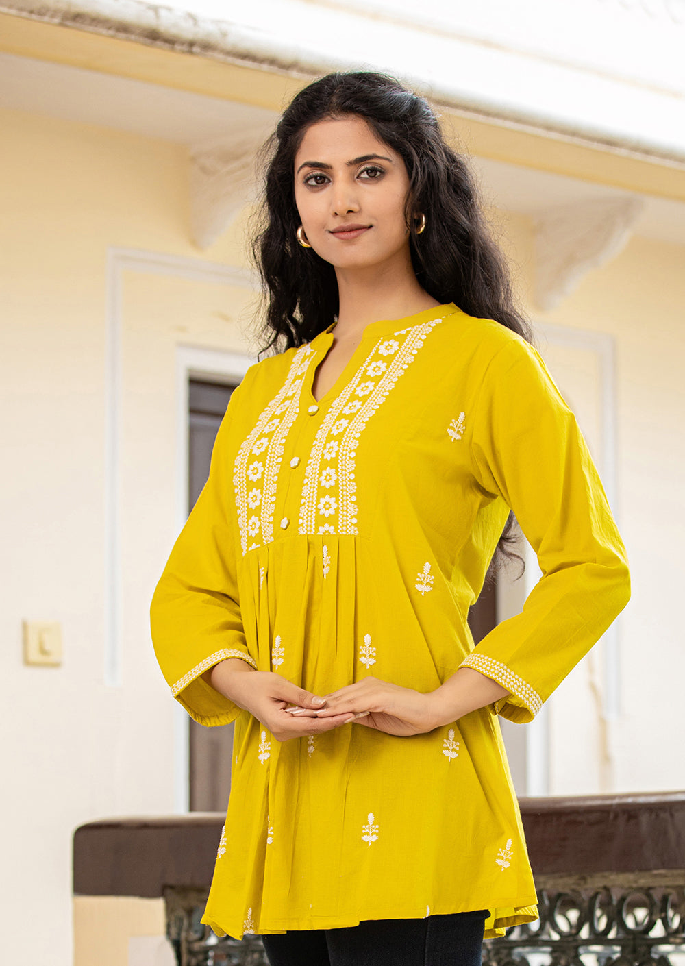 Yellow Embroidery Cotton Chikankari Short Kurtis (Set Of 1)