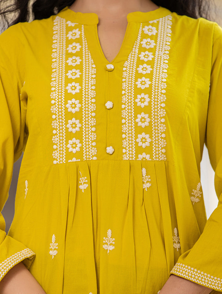 Yellow Embroidery Cotton Chikankari Short Kurtis (Set Of 1)