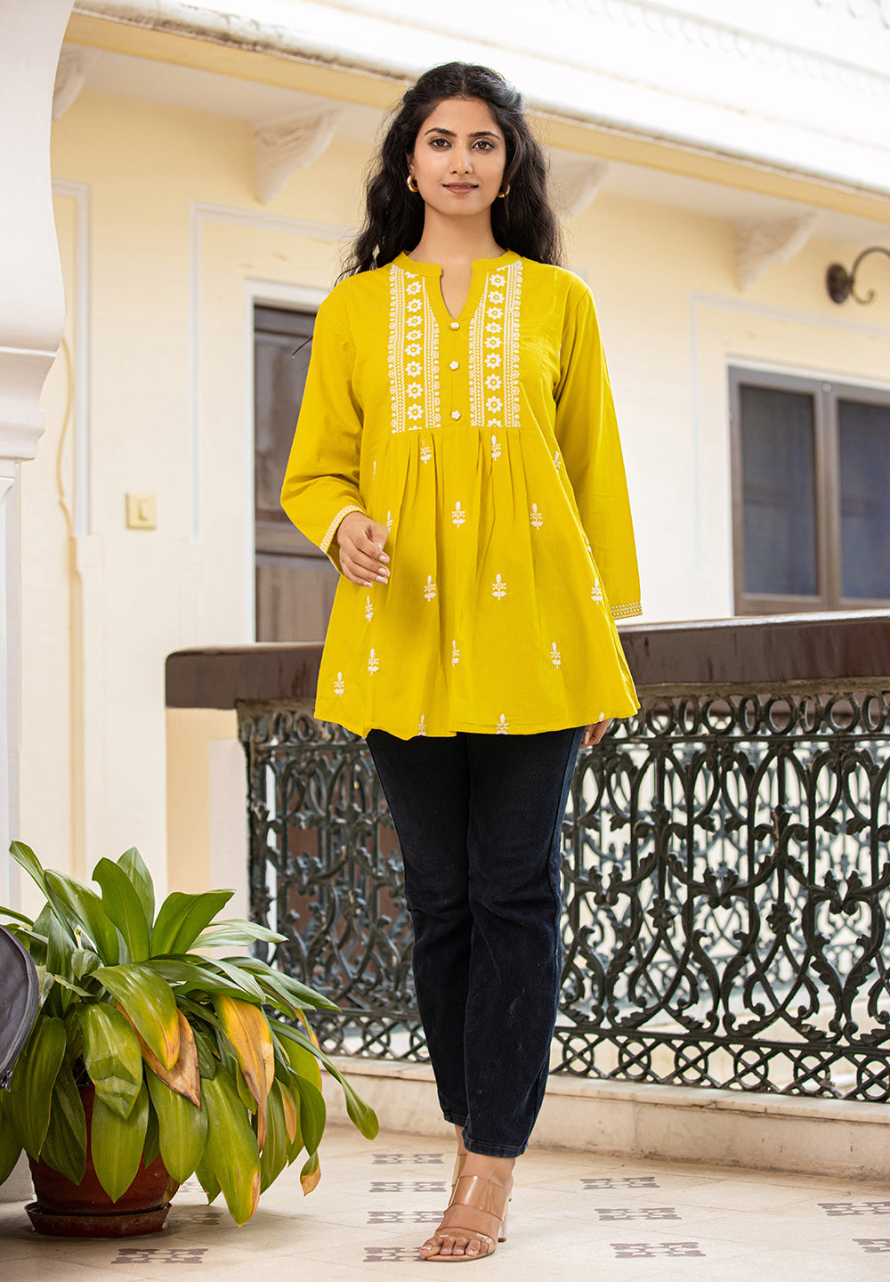 Yellow Embroidery Cotton Chikankari Short Kurtis (Set Of 1)