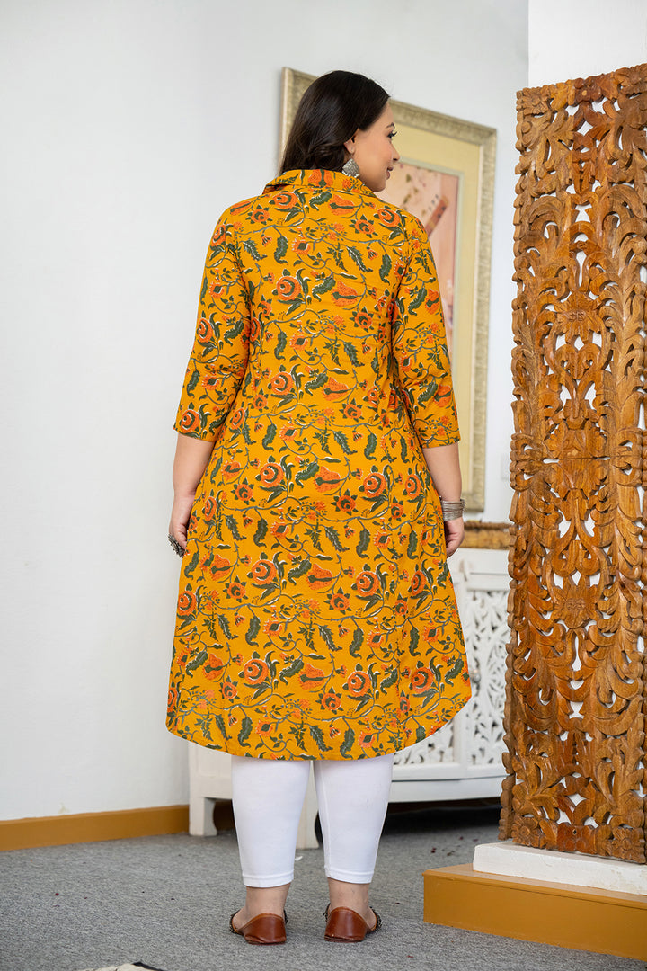 Yellow Floral Printed Plus Size Cotton Kurta (Set Of 1)