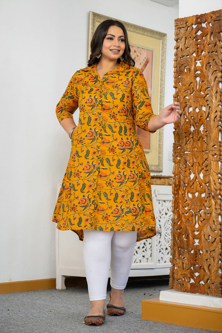 Yellow Floral Printed Plus Size Cotton Kurta (Set Of 1)